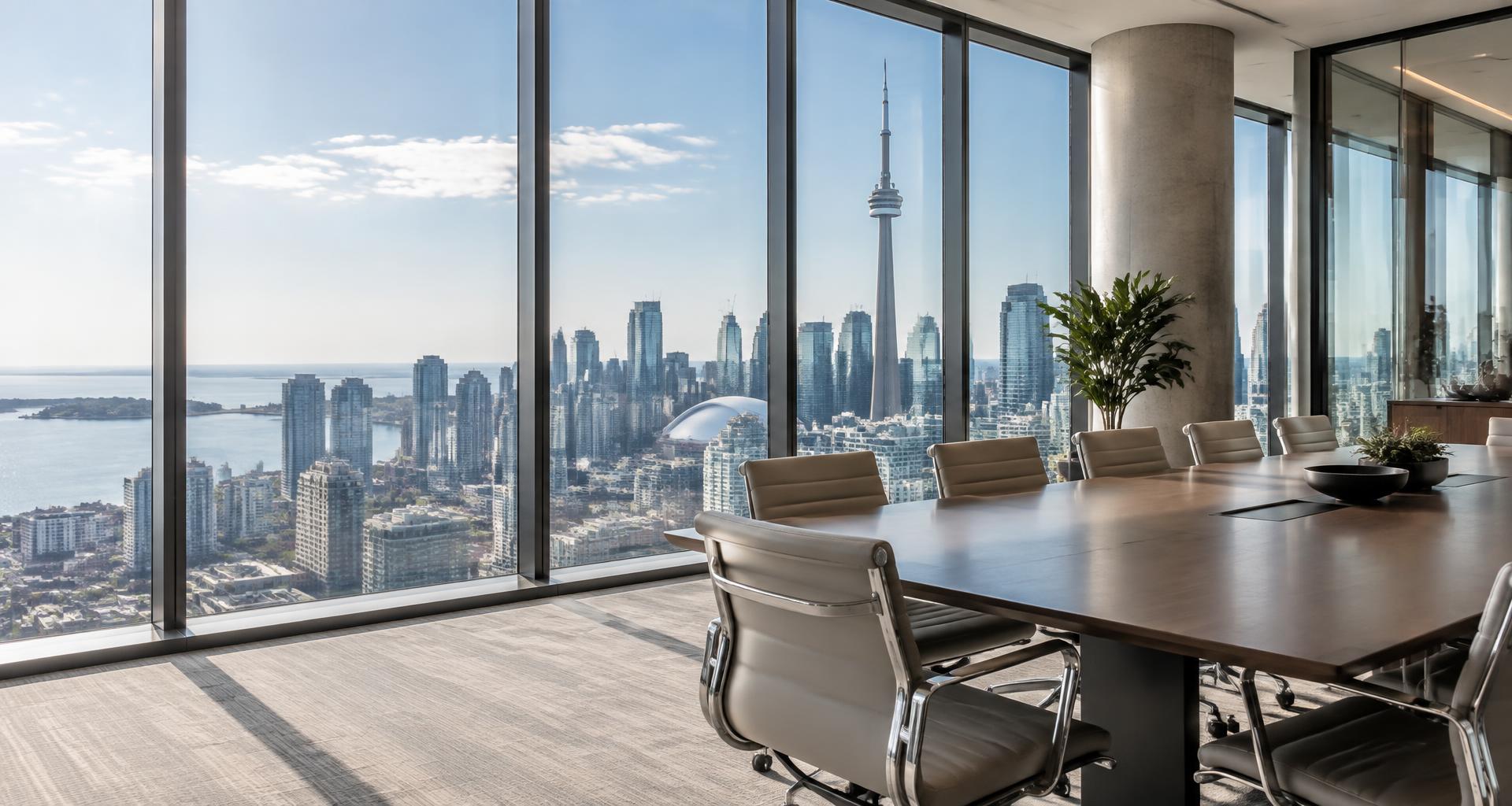 A bright boardroom overlooking a Canadian city